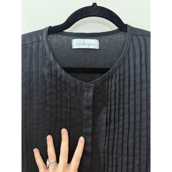 LJC 100% Linen‎ Lagenlook Resortwear Minimalist Pleat Ruffle Black Shirt Dress M - Picture 6 of 11